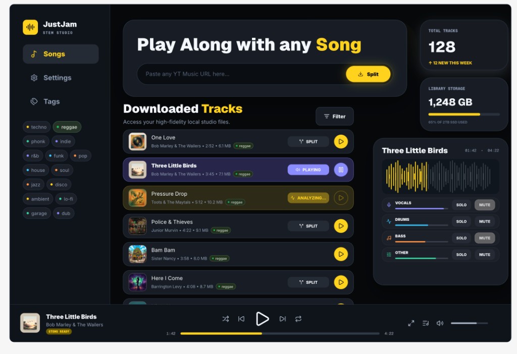 JustJam macOS app in dark mode with stems for vocals, drums, bass, and other