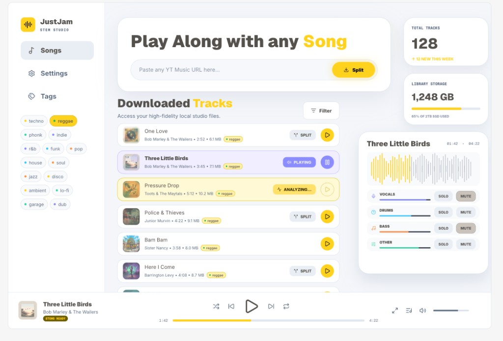 JustJam macOS app in light mode showing the track library and stem mixer