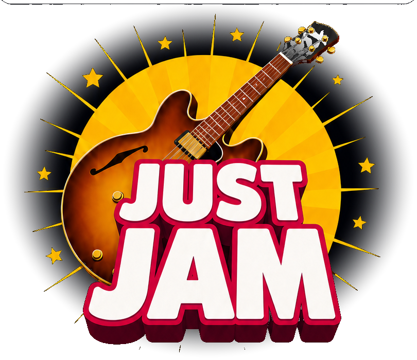 JustJam - a sunburst-yellow logo with an orange-brown semi-hollow guitar and chunky JUST JAM lettering