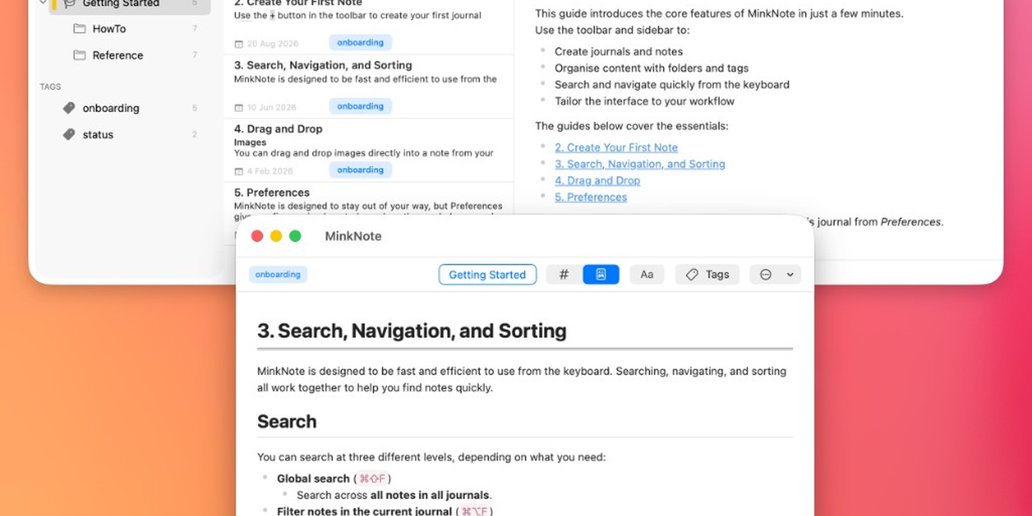 MinkNote showing a Getting Started note with links to other notes, and a linked note opened in its own window