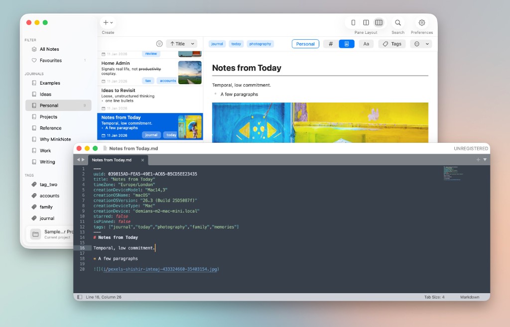 MinkNote open beside the same note in a Markdown editor, showing metadata such as creation time, device, and tags stored in the file