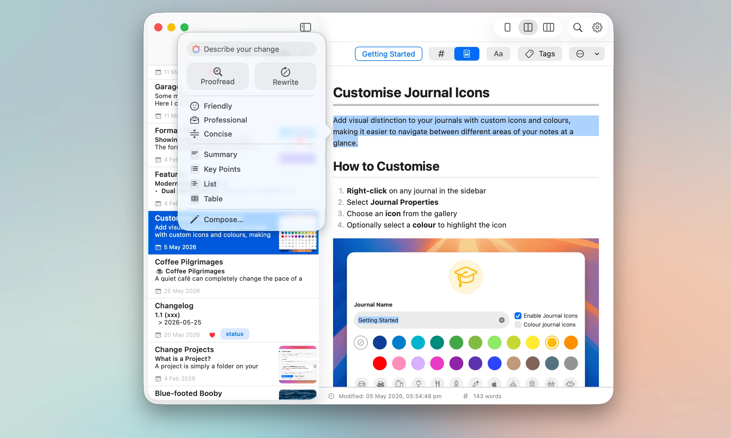 MinkNote showing Apple Writing Tools available inside the native editor.