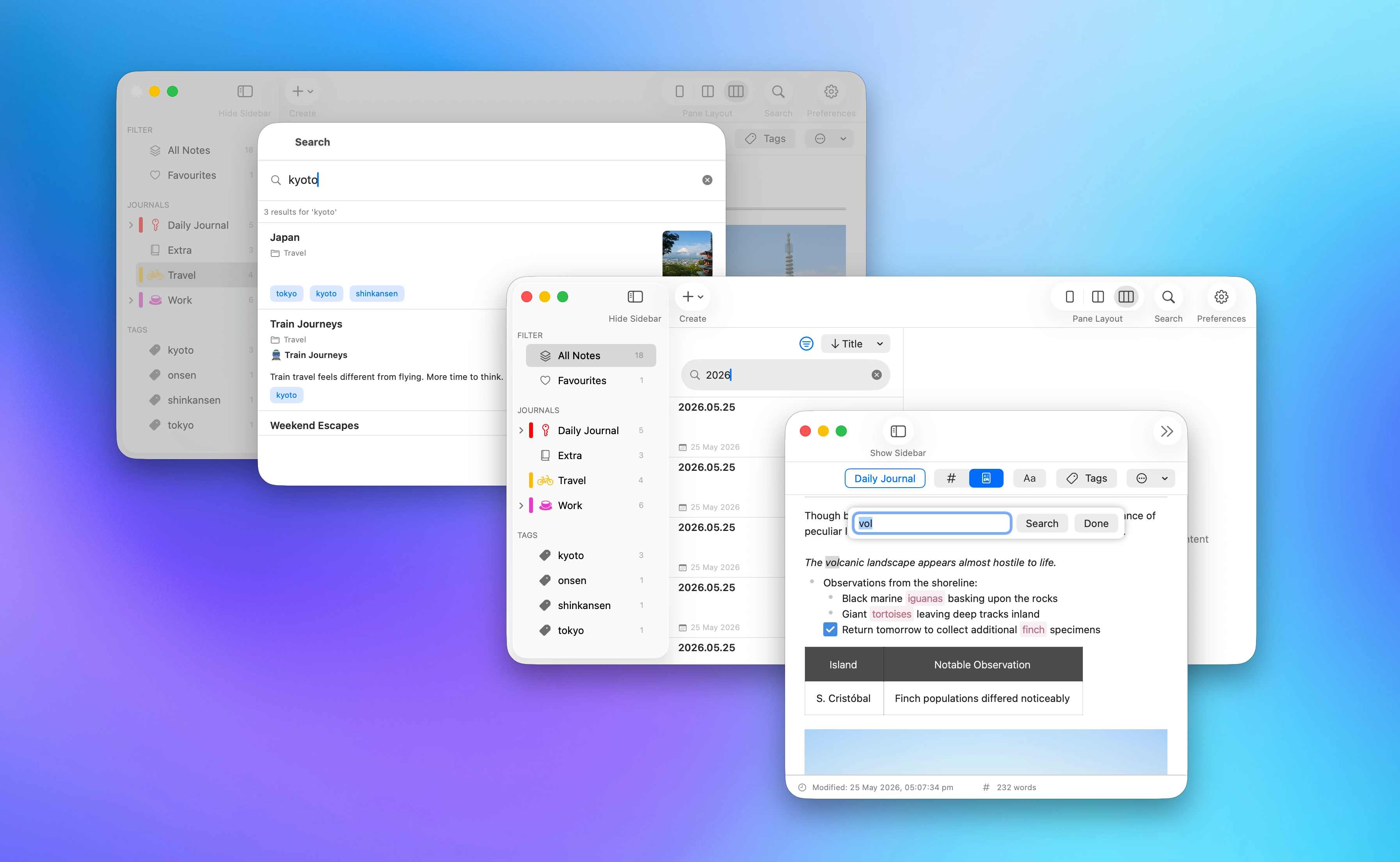 MinkNote showing global search, journal filtering, and find in note.