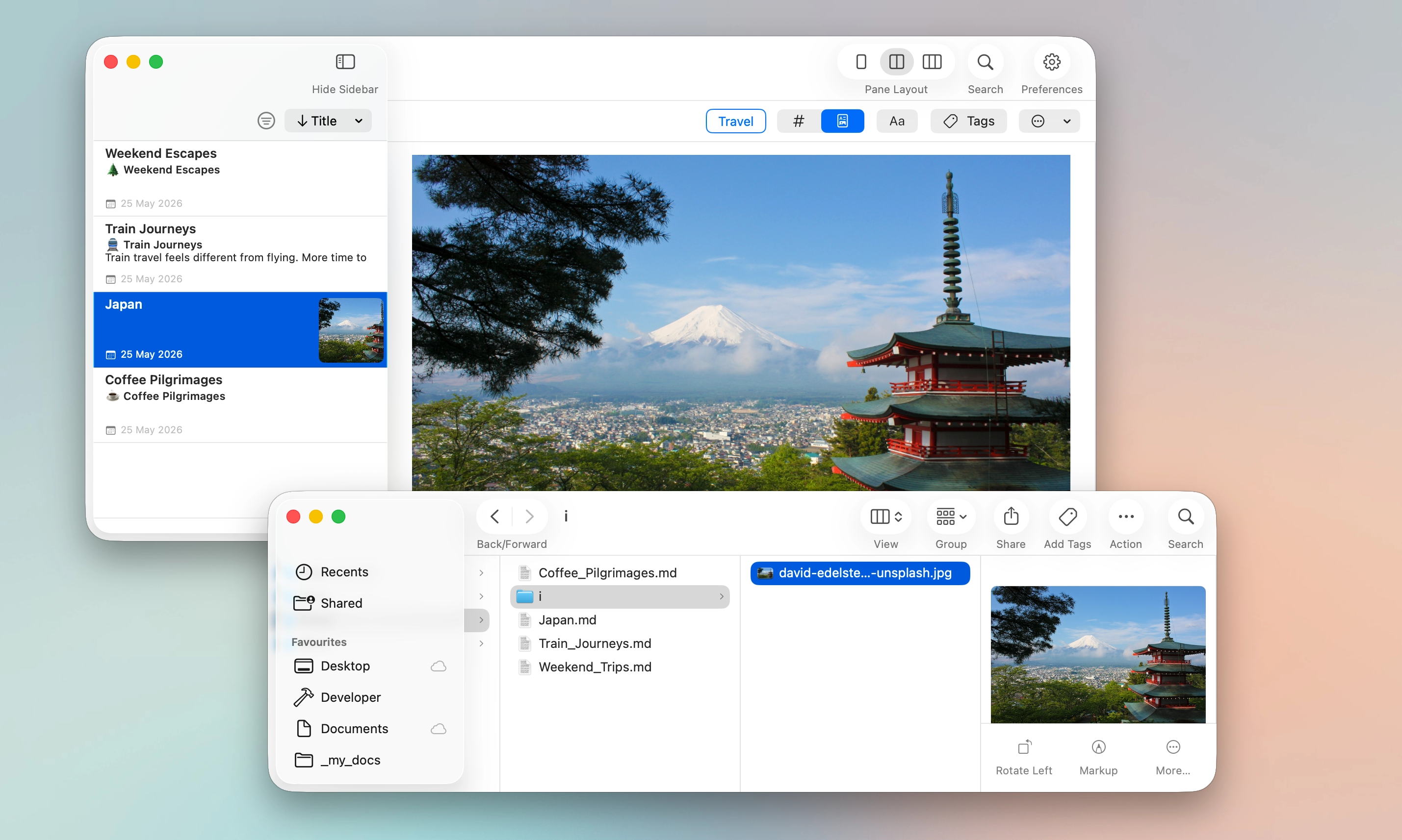 MinkNote showing an image note alongside Finder with the note's image stored in a sibling folder.
