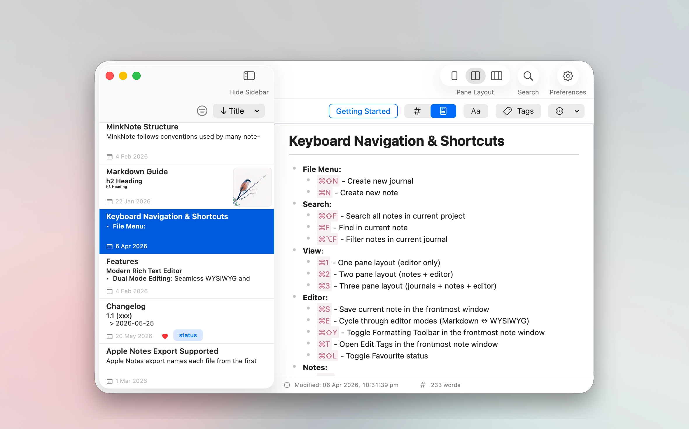MinkNote showing keyboard shortcuts documentation selected inside the app.