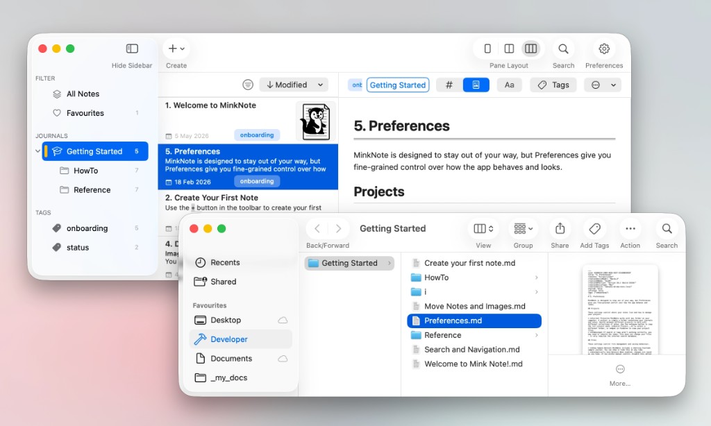 MinkNote open beside Finder, with an existing Markdown folder and the matching note selected in the app.