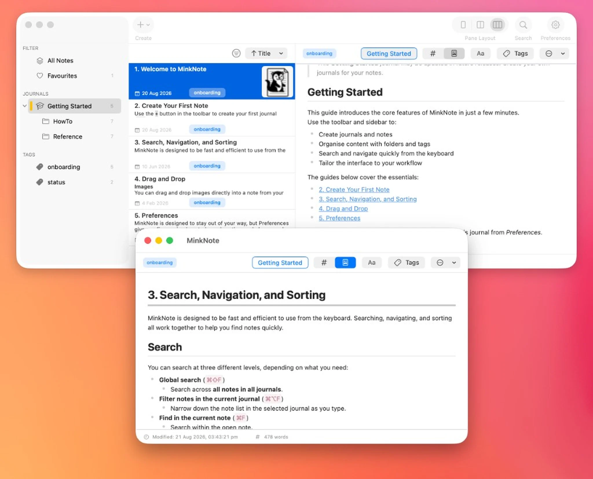 MinkNote showing a Getting Started note with links to other notes, and a linked note opened in its own window.