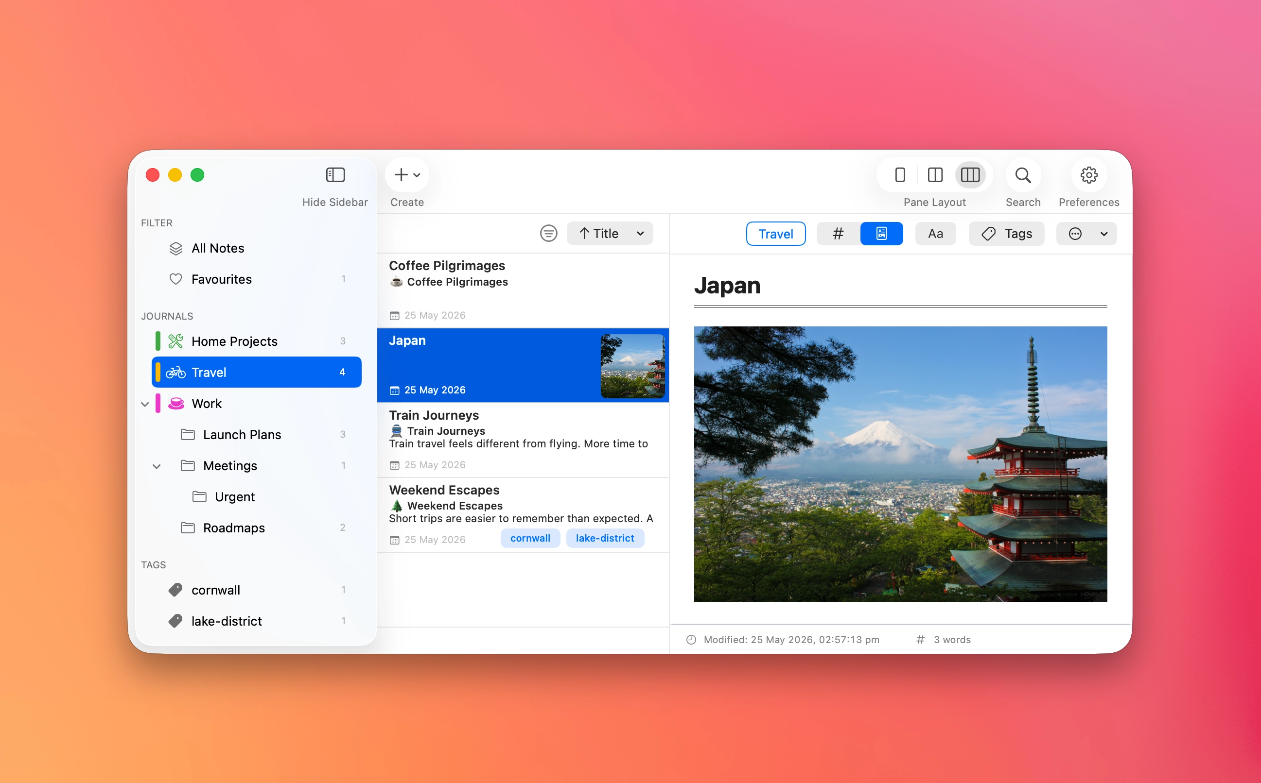 MinkNote showing journals, folders, tags, and a travel note with an image preview.