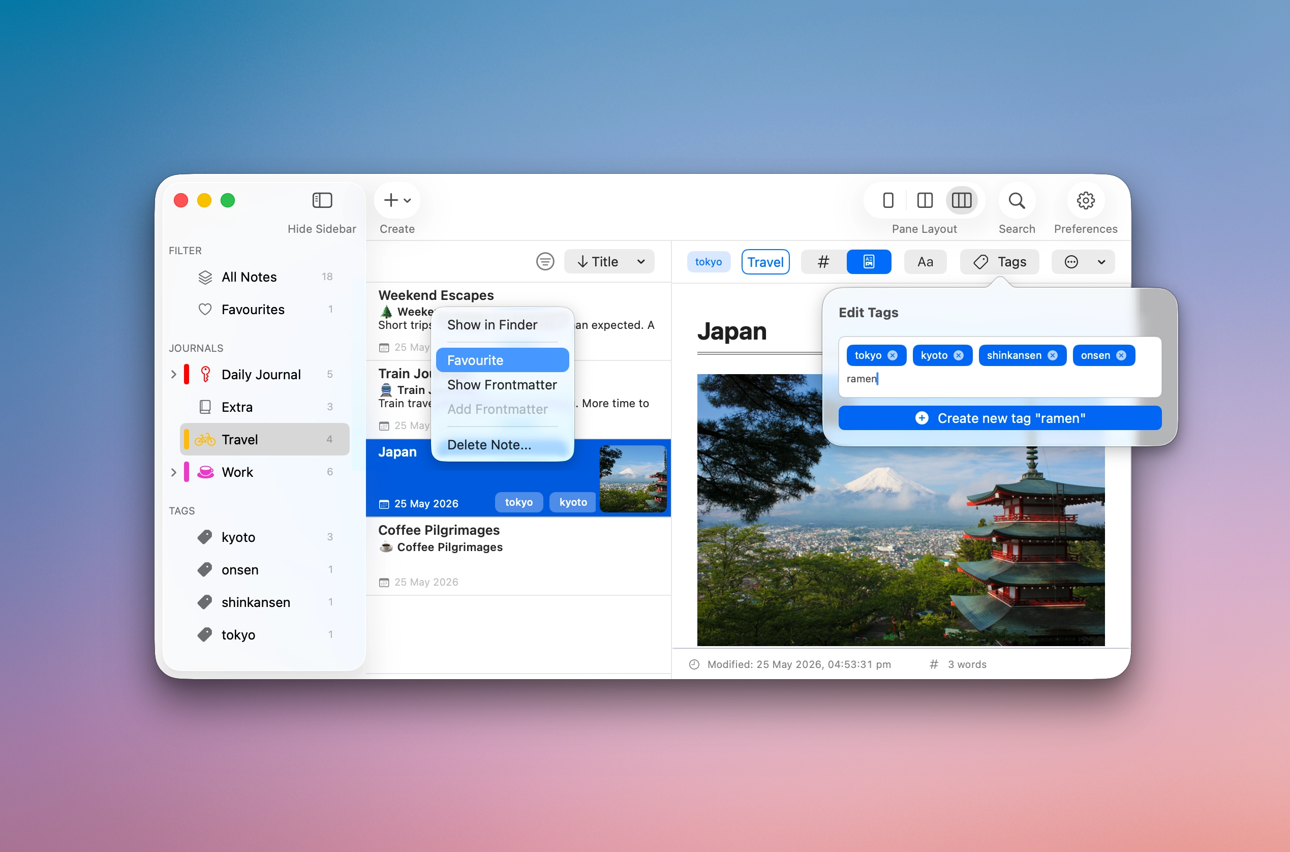MinkNote showing tags, favourites, and the edit tags popover on a selected note.