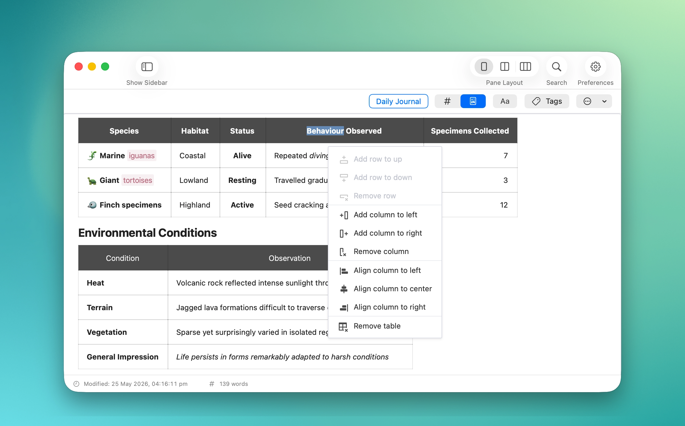 MinkNote showing rich table controls and table context menu inside a note.