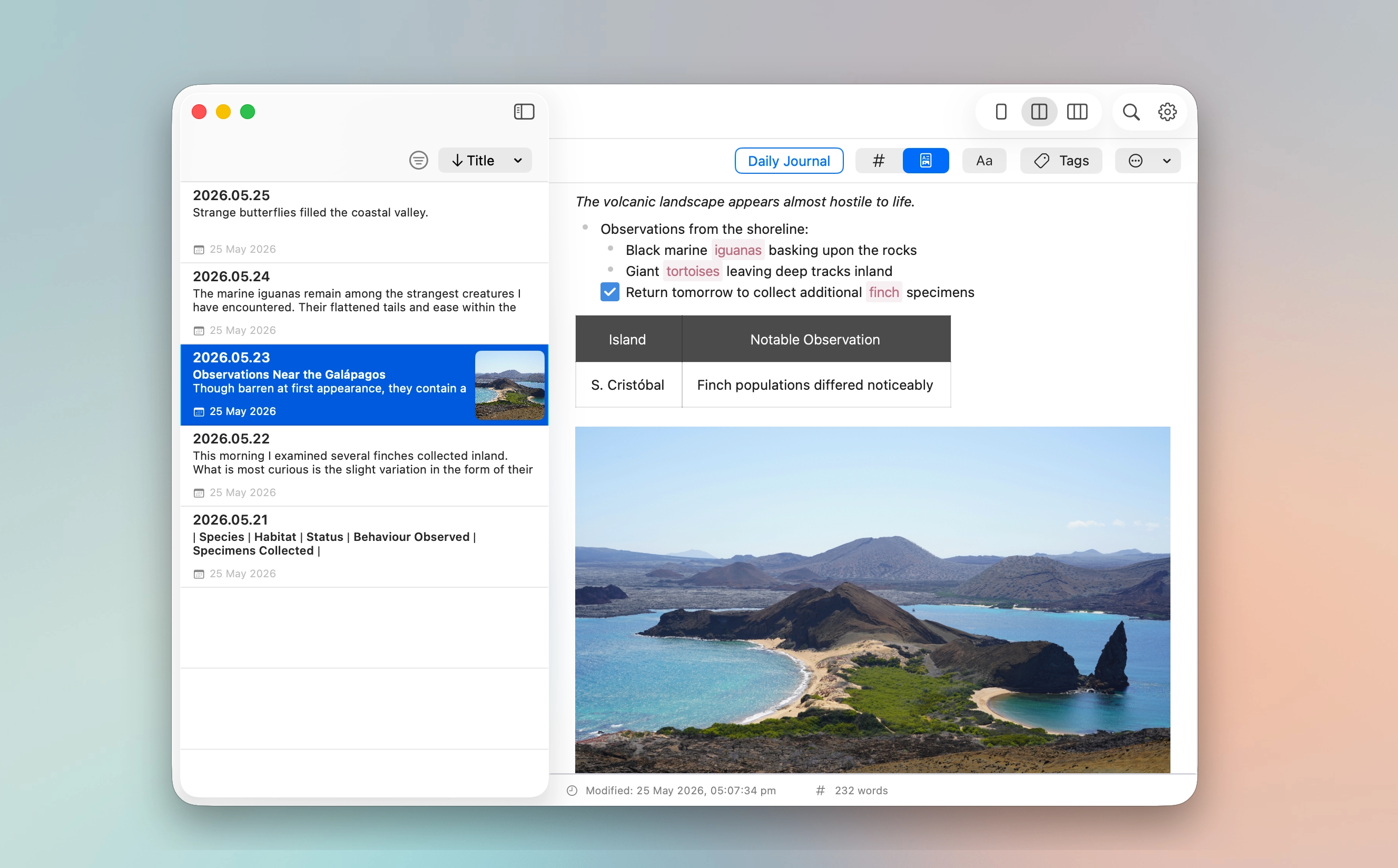 MinkNote showing a refined editor layout with the sidebar hidden and journal notes in the note list.