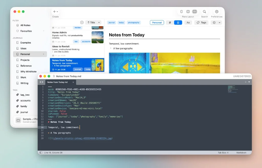 MinkNote open beside the same note in a Markdown editor, showing metadata such as creation time, device, and tags stored in the file.