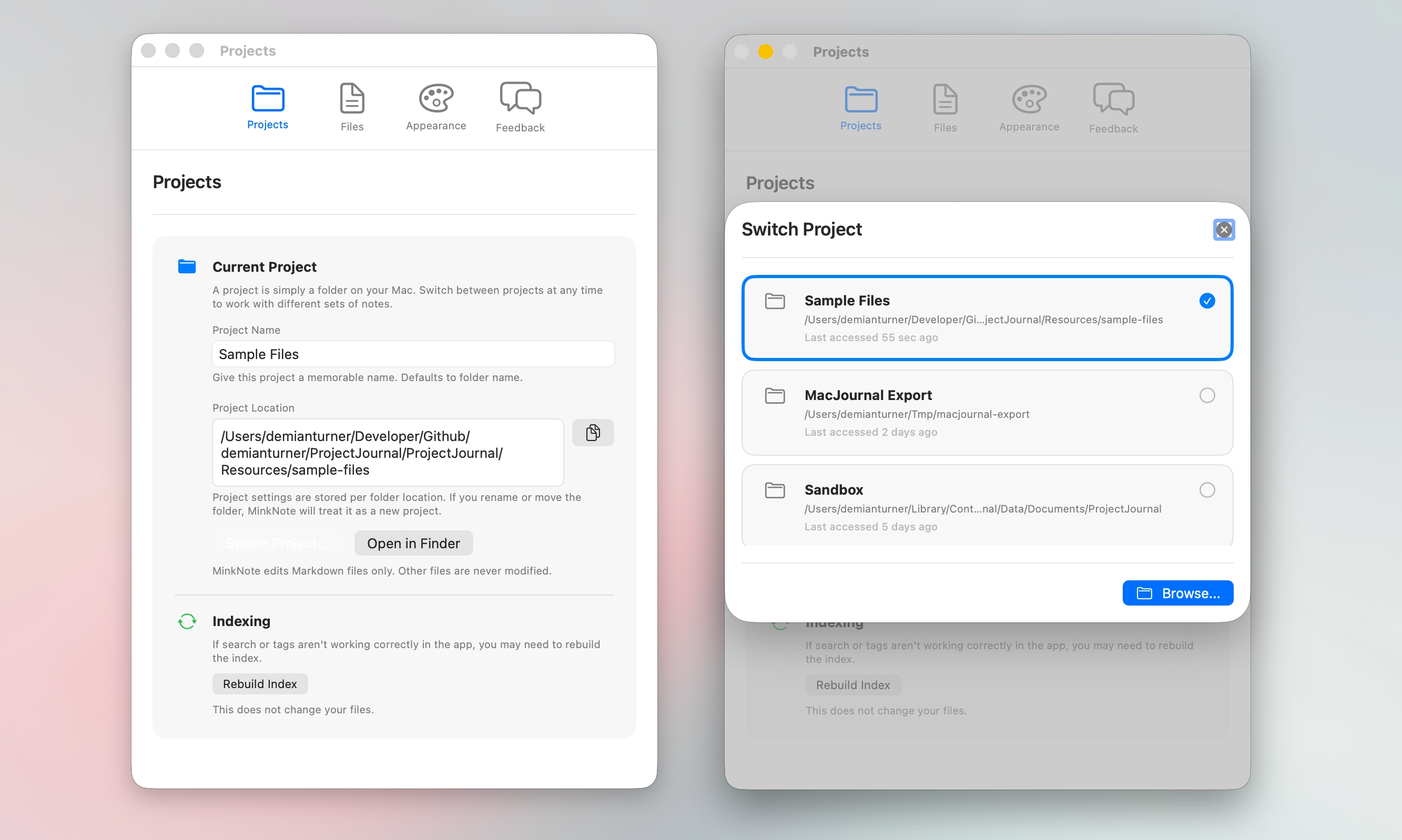 MinkNote project preferences showing the current project and switch project dialog.