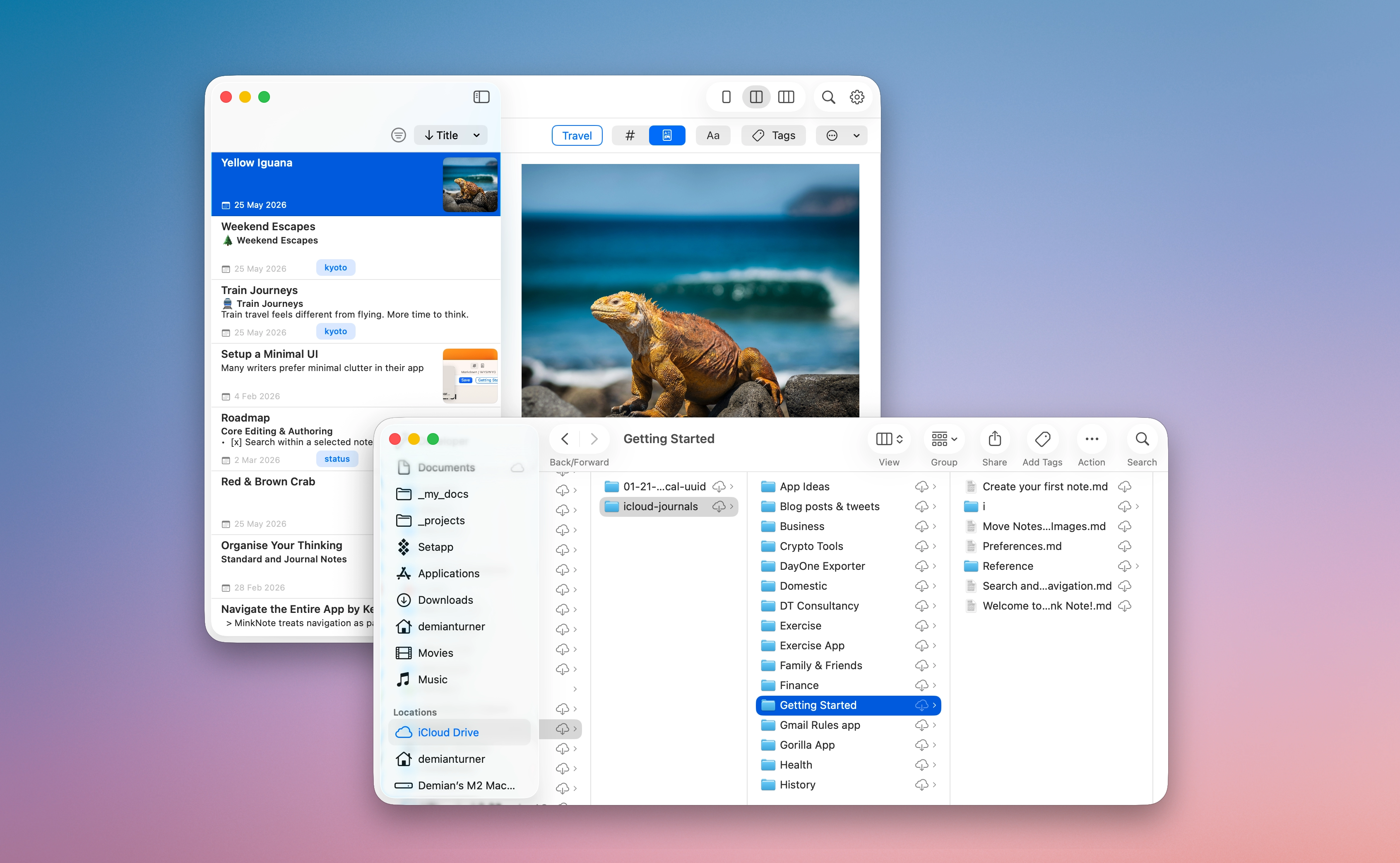 MinkNote showing notes stored in an iCloud Drive folder alongside Finder.