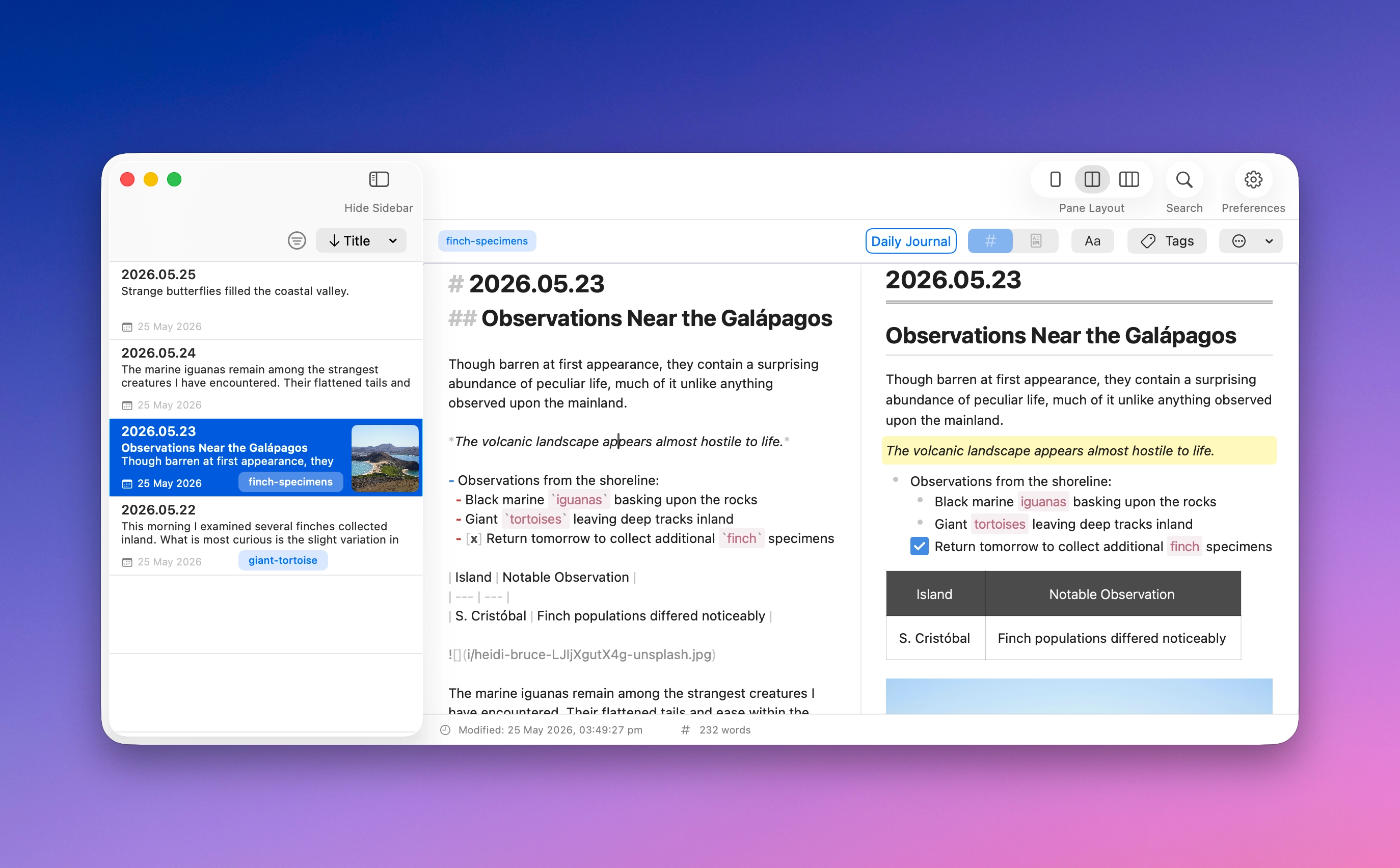 MinkNote showing Markdown and rendered preview side by side in Split View.