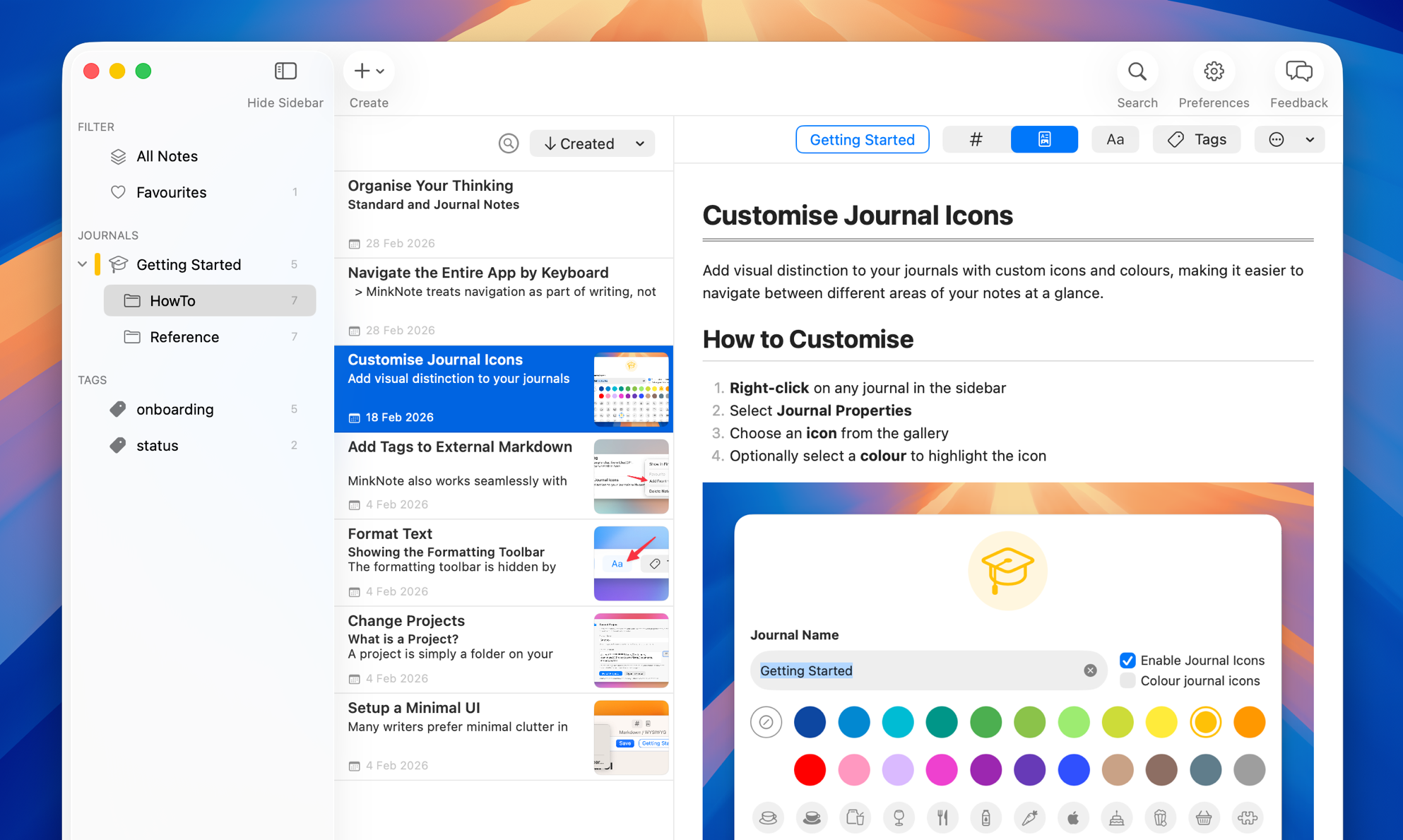 MinkNote running on macOS — three-column layout with journals sidebar, note list, and Markdown editor