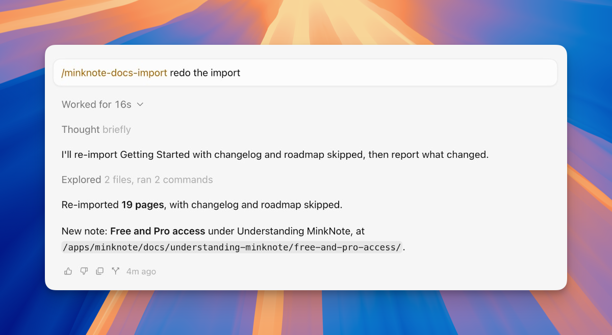 Cursor agent conversation showing a documentation re-import completing in 16 seconds, reporting 19 pages imported and one new page added